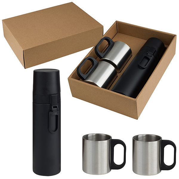 סט בקבוק תרמי מתכת עם שני ספלי נירוסטה. בקבוק תרמי 500 מ"ל- שומר על חום/קור לאורך זמן, נוח לנשיאה, עשוי מתכת איכותית.