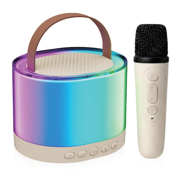 רמקול קריוקי בלוטוס 5W עם רצועת אחיזה כולל מיקרופון קריוקי אלחוטי לשירה ותאורת RGB צבעונית מתחלפת