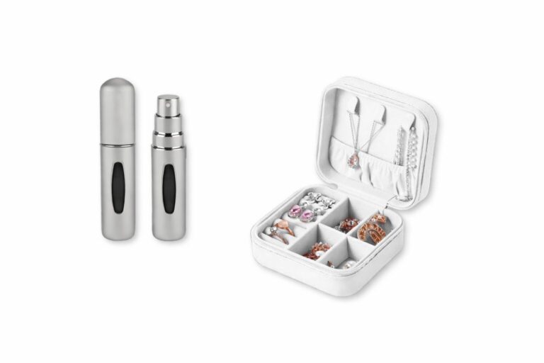 מארז קופסת תכשיטים לנסיעות, קופסת תכשיטים איכותית בעיצוב קלאסי לנסיעות עם בקבוק רב פעמי למילוי בושם בחופשה. מתנה נפלאה ליום המשפחה!