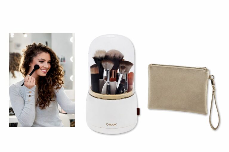 מעמד מברשות איפור מסתובב, מעמד מברשות איפור מסתובב קלאסי בצבע לבן עם תיק איור וטיפוח בגוון זהב יוקרתי.