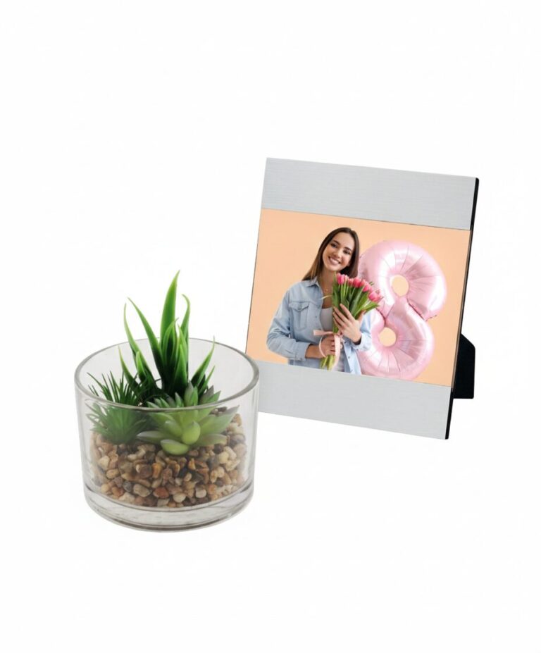 מארז סוקולנטים ומסגרת לתמונה, מארז טבע הכולל: 3 סוקולנטים וקקטוסים בכלי זכוכית מרשים ומסגרת לתמונה ממתכת וזכוכית. מתנה נהדרת לעובדים ליום המשפחה!