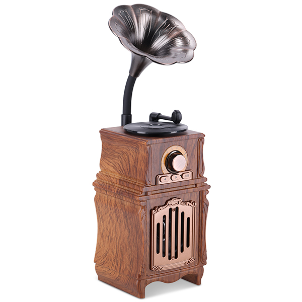 רמקול בלוטוס רטרו בעיצוב גרמופון קלאסי, פריט דקורטיבי ויוקרתי, המשלב מראה נוסטלגי מרשים עם טכנולוגיה מתקדמת.