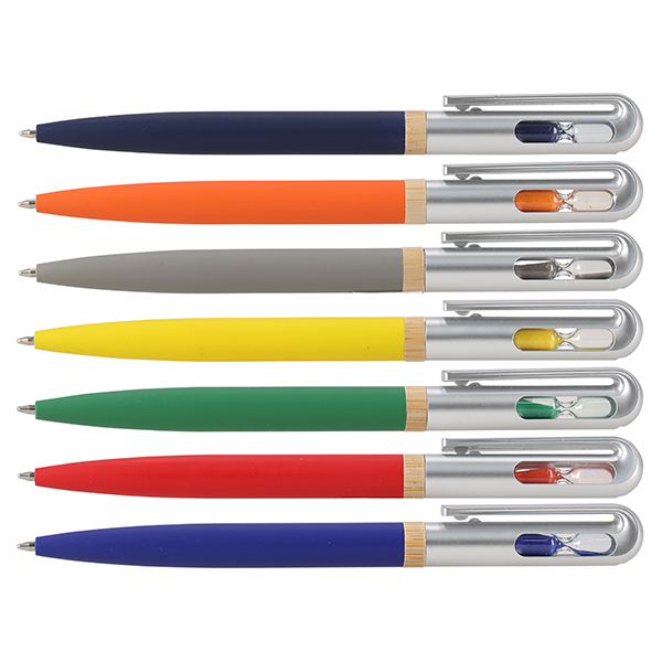 עט מתכת עם שעון חול מובנה. עט מתכת יוקרתי המשלב אלמנט ויזואלי מושלם של שעון חול