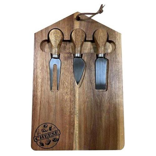 קרש הגשה לגבינות מעץ במבוק איכותי, כולל סט של שלושה סכינים לחיתוך גבינות.