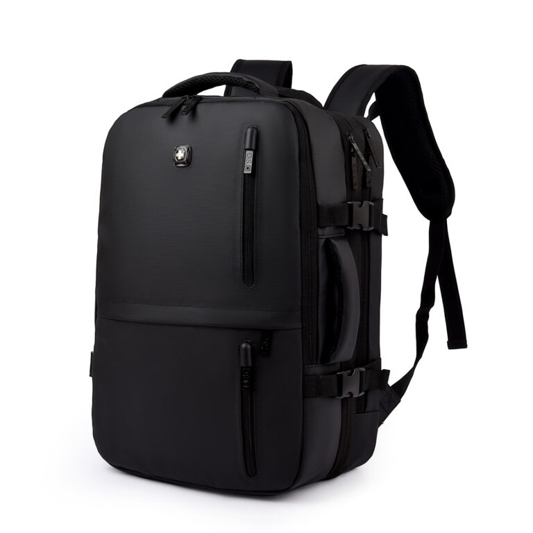 תיק גב עליה למטוס שחור עם תא מרופד למחשב 16"+ תא לטאבלט, גב מרופד EVA , כולל: תא לקלסר וכלי כתיבה ותא מרכזי גדול לבגדים עם כיס ואקום בשילוב משאבה עם כיסים  פנימיים לאביזרים.