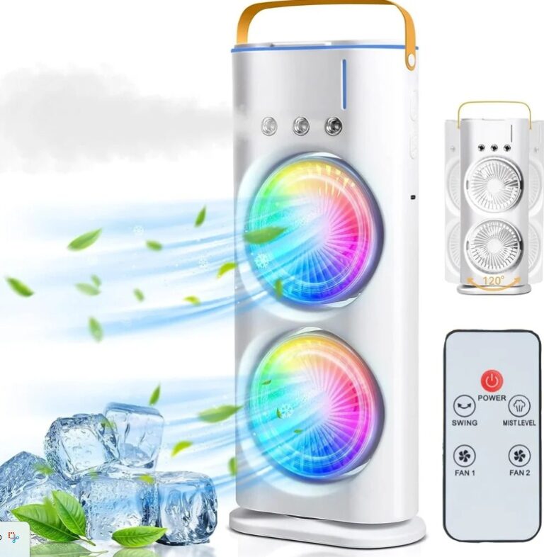 מאוורר שולחני נטען בעל שני להבים ותאורת LED עם אפשרות להכנסת מים לצינון או שמן ריחני עם מים לבישום האווירה. המוצר כולל שלט וזמין בצבע לבן.